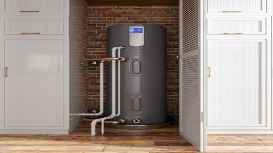 A white water heater installed in a house by Hydro-Flo Plumbing & Heating in Edmonton, AB