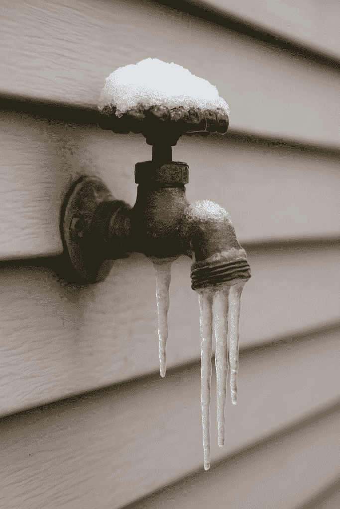 Frozen Outdoor Water Faucet with Ice Buildup on the Spigot in Edmonton, AB